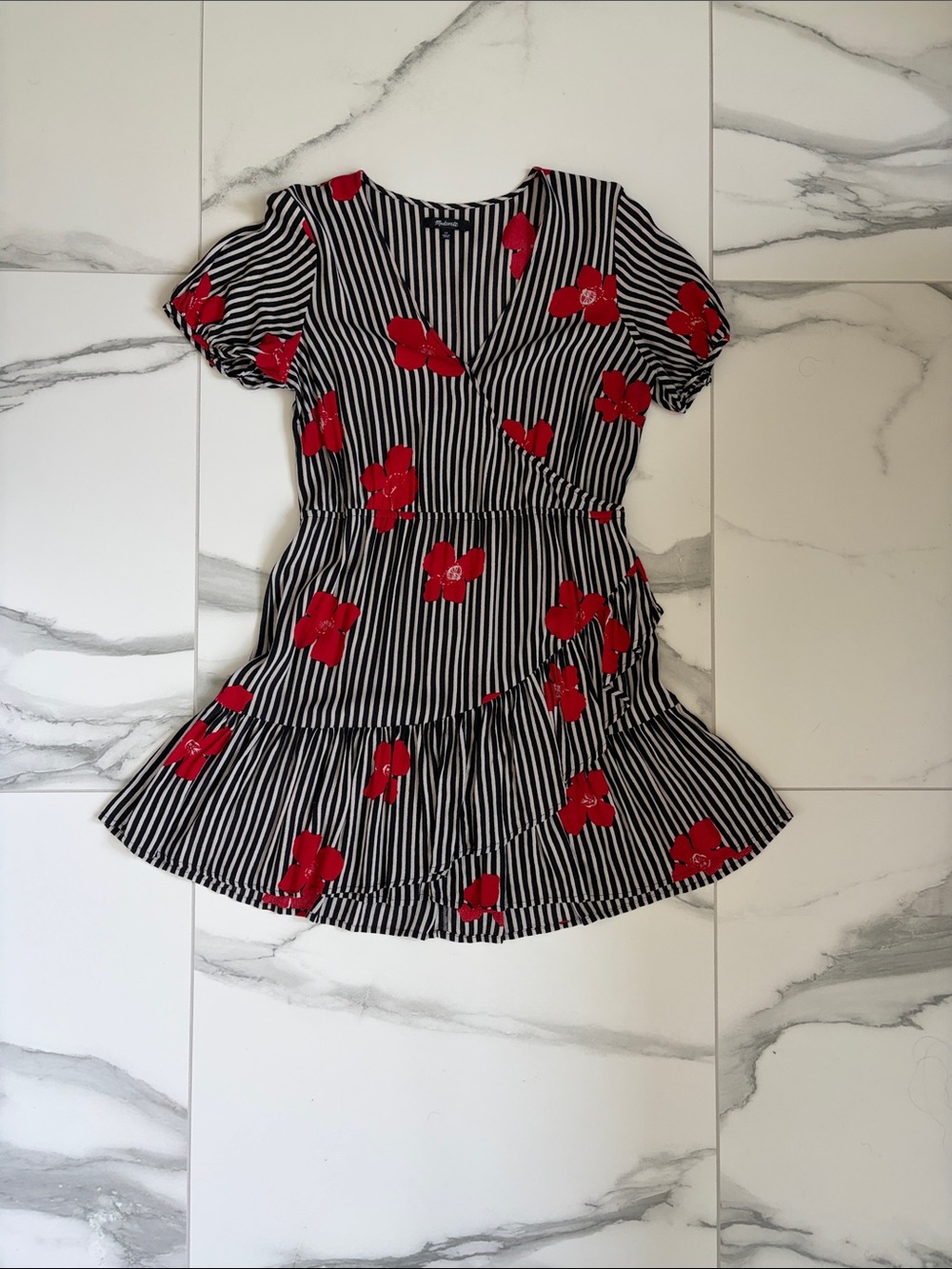 Madewell Blue & White Striped Mini Dress with Red Floral Print